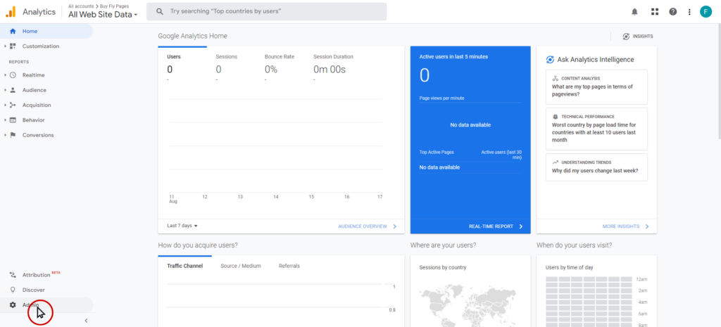 Google analytics screenshot, clicking the admin button in the bottom left
