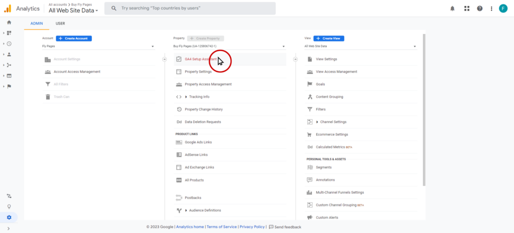 Google analytics screenshot, clicking GA4 Setup Assistant in the top middle