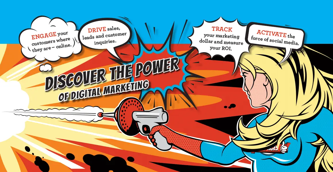 Image of a superhero with text promoting Fly Pages Digital Marketing agency in St. Louis.