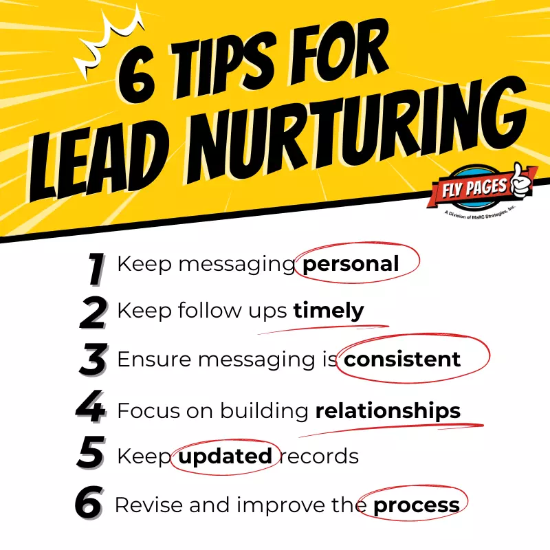 6 Tips for Lead Nurturing 1. Keep messaging personal 2. Keep follow ups timely 3. Ensure messaging is consistent 4. Focus on building relationships 5. Keep updated records 6. Revise and improve the process